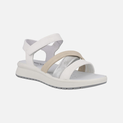 Leather sandals in white - silver - beige combination