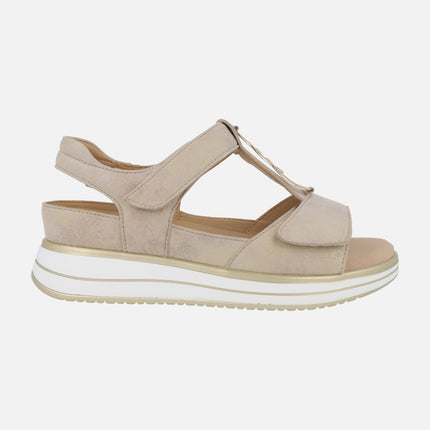 Sandalias Ancho especial para mujer en beige metalizado con cierre de velcros