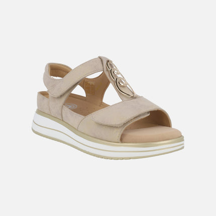 Sandalias Ancho especial para mujer en beige metalizado con cierre de velcros