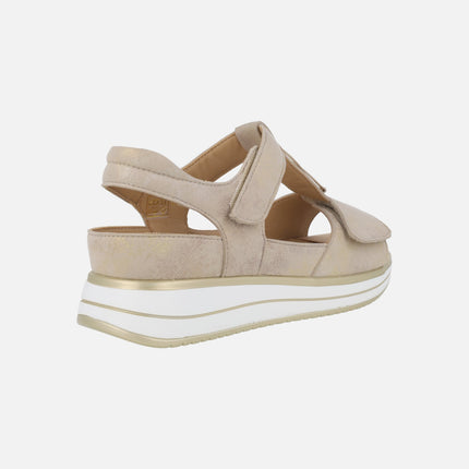 Sandalias Ancho especial para mujer en beige metalizado con cierre de velcros