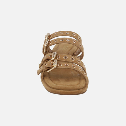 Sandalias A-Perseo en ante camel con 4 tiras con hebillas ajustables