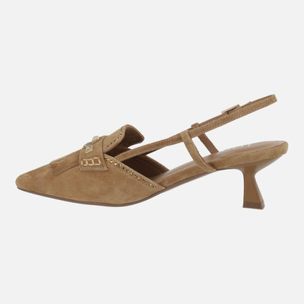 Zapatos destalonados en ante camel con copete de flecos A-Baikal