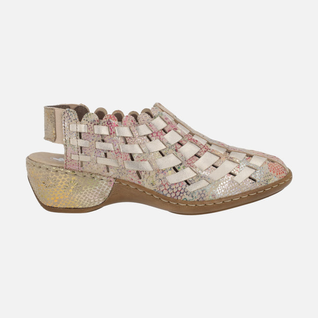 Zuecos confort en piel beige con estampado multicolor