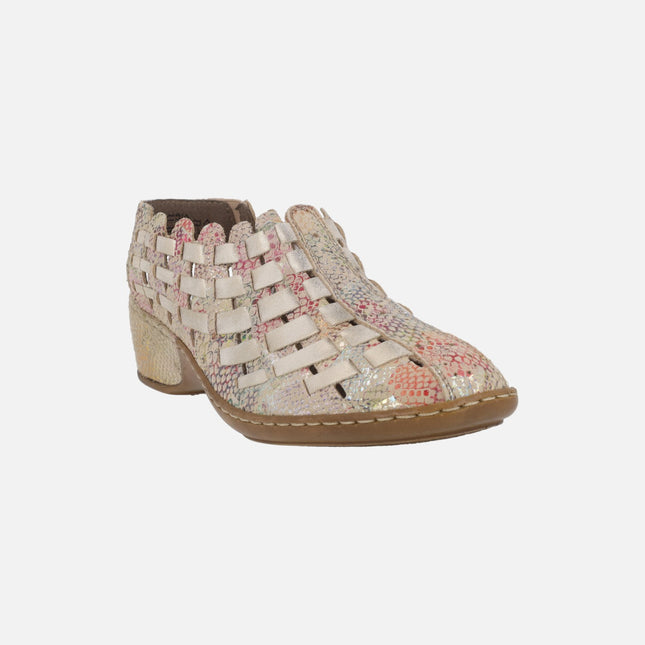 Zuecos confort en piel beige con estampado multicolor