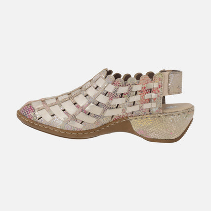 Comfort clogs in beige leather with multicolor print
