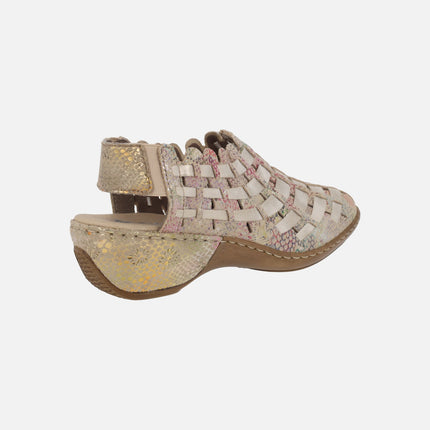 Comfort clogs in beige leather with multicolor print