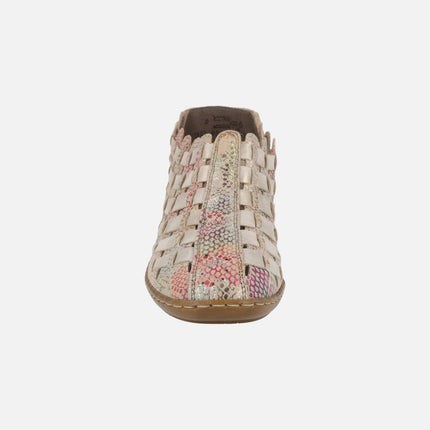 Comfort clogs in beige leather with multicolor print