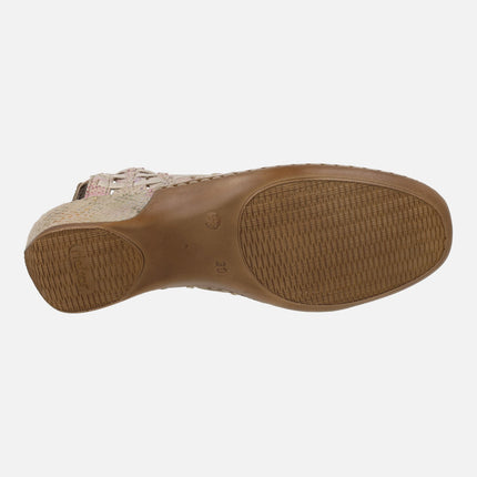 Comfort clogs in beige leather with multicolor print