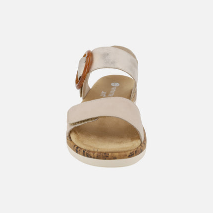 Sandalias de piel en combinado beige y dorado con cierre de velcro