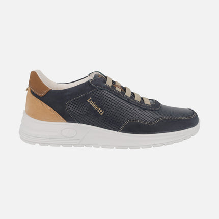 Navy and camel comfort sneakers with elastic laces