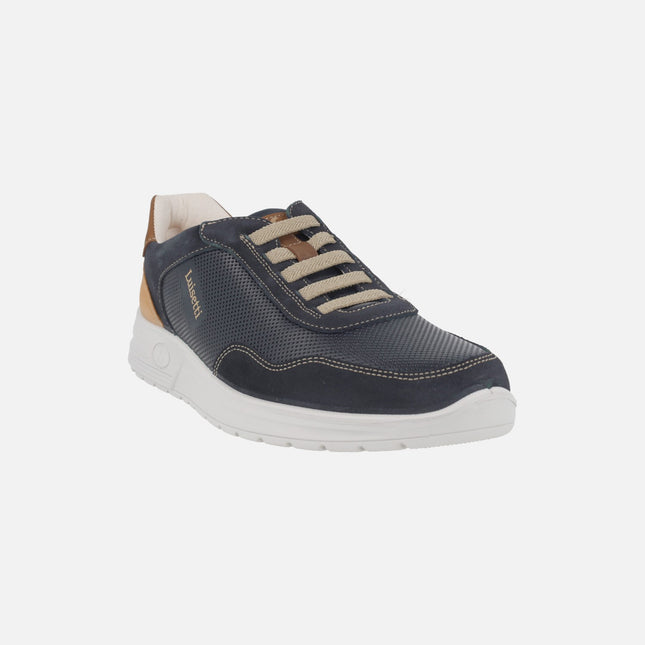 Navy and camel comfort sneakers with elastic laces