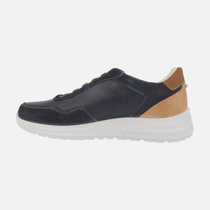 Navy and camel comfort sneakers with elastic laces