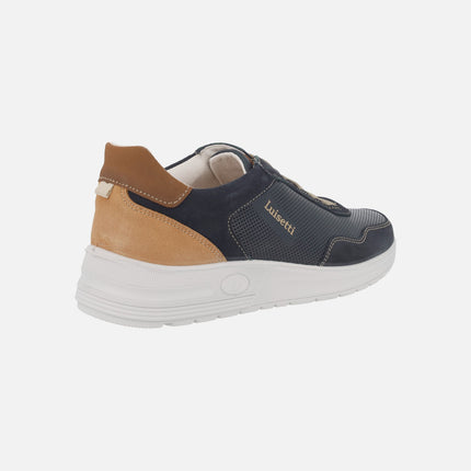 Navy and camel comfort sneakers with elastic laces