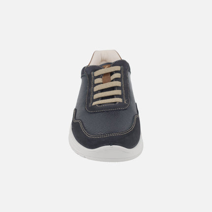 Navy and camel comfort sneakers with elastic laces