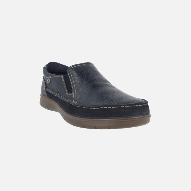 Navy blue leather loafers with side elastics