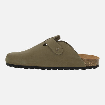 Zuecos bio en piel serraje con hebilla