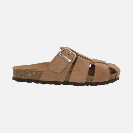 Organic suede leather clogs with gold buckle