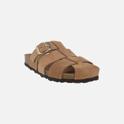 Organic suede leather clogs with gold buckle