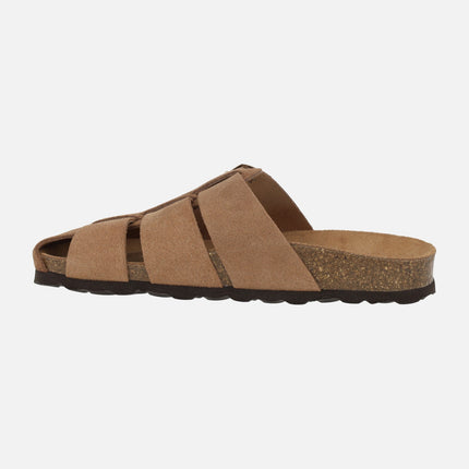Organic suede leather clogs with gold buckle