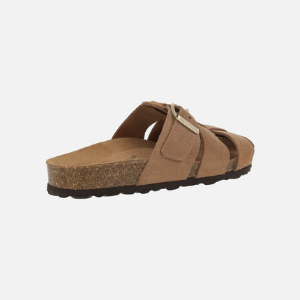 Organic suede leather clogs with gold buckle