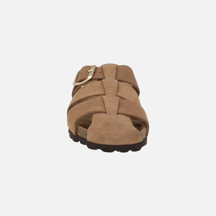 Organic suede leather clogs with gold buckle