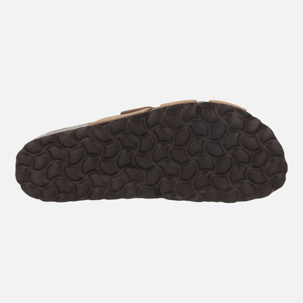 Organic suede leather clogs with gold buckle