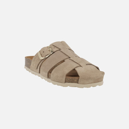 Organic suede leather clogs with gold buckle