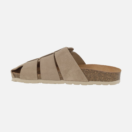 Organic suede leather clogs with gold buckle