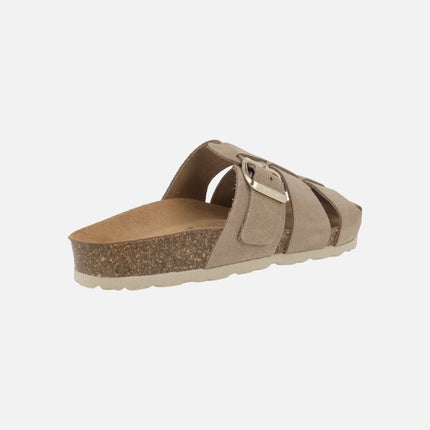 Organic suede leather clogs with gold buckle