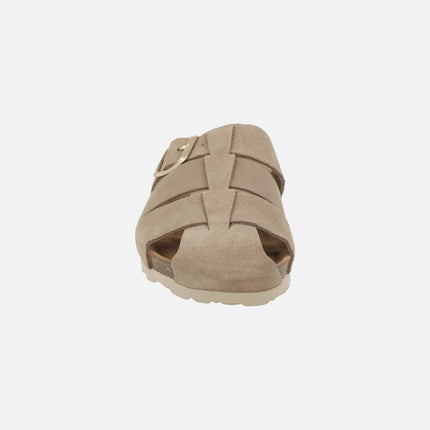 Organic suede leather clogs with gold buckle