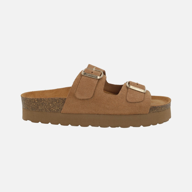 Sandalias bio en serraje marrón con hebillas y doble piso