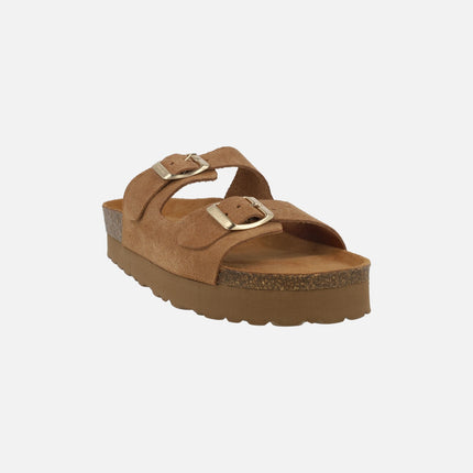 Sandalias bio en serraje marrón con hebillas y doble piso