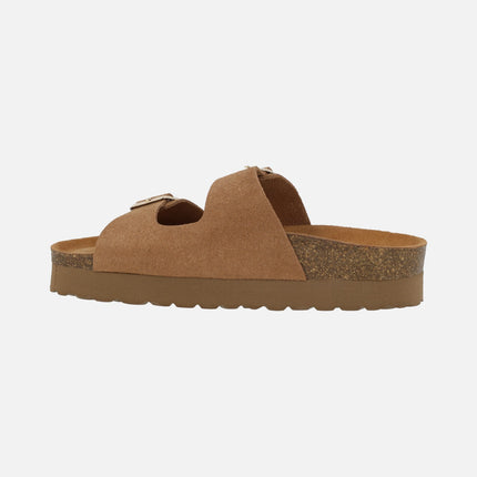 Sandalias bio en serraje marrón con hebillas y doble piso