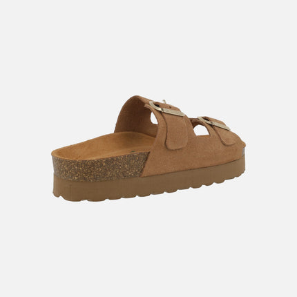 Sandalias bio en serraje marrón con hebillas y doble piso