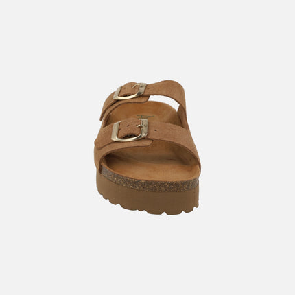 Sandalias bio en serraje marrón con hebillas y doble piso