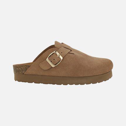 Double-sole clogs in brown suede with gold buckle