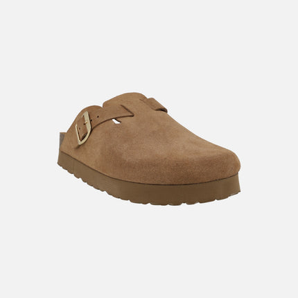 Double-sole clogs in brown suede with gold buckle