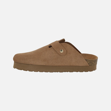 Double-sole clogs in brown suede with gold buckle