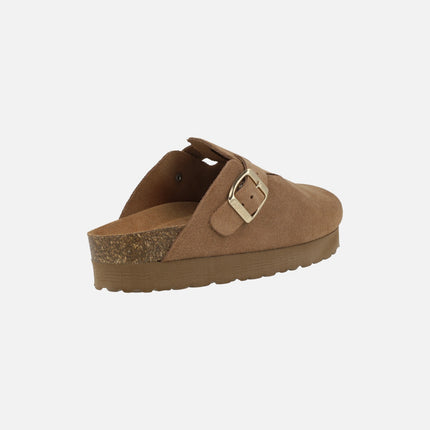Double-sole clogs in brown suede with gold buckle