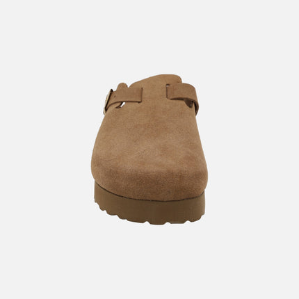 Double-sole clogs in brown suede with gold buckle