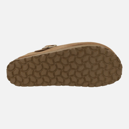 Double-sole clogs in brown suede with gold buckle