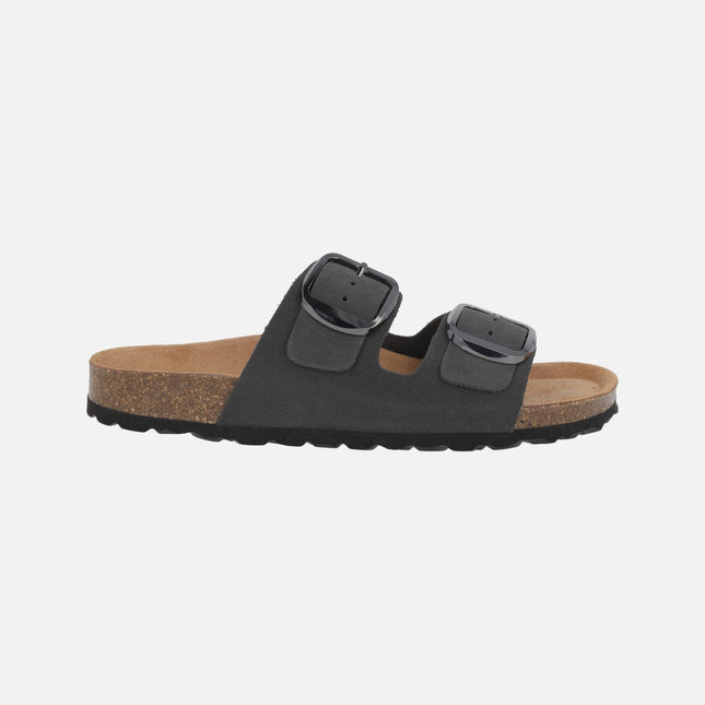 Sandalias bio en serraje gris con hebillas metálicas