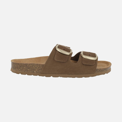 Bio sandals in brown suede with two golden buckles