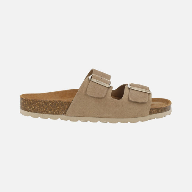 Sandalias para mujer planta bio en serraje con dos hebillas