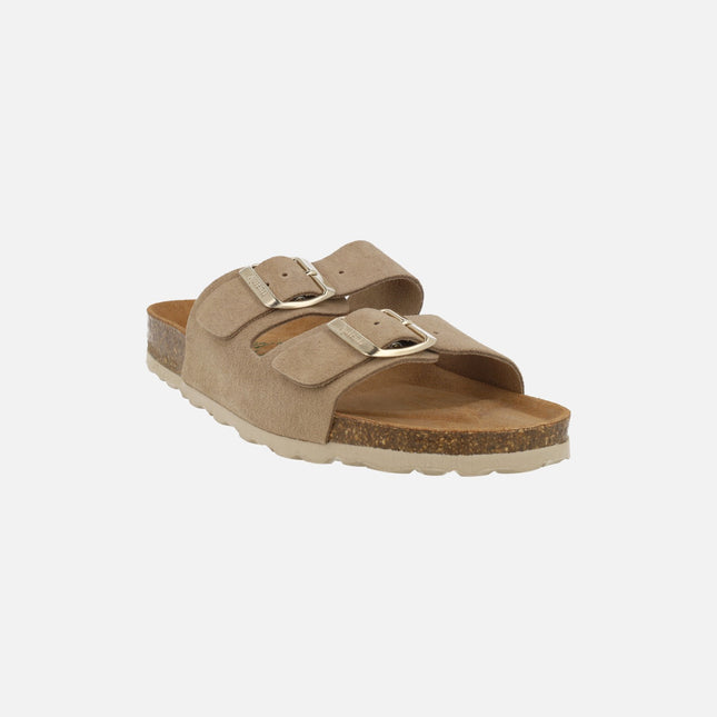 Sandalias para mujer planta bio en serraje con dos hebillas