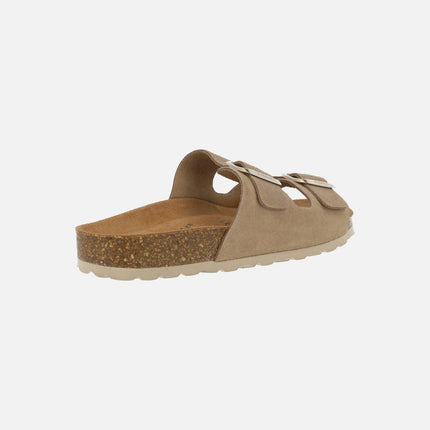 Sandalias para mujer planta bio en serraje con dos hebillas