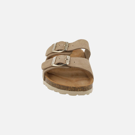 Sandalias para mujer planta bio en serraje con dos hebillas