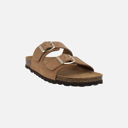 Sandalias para mujer planta bio en serraje con dos hebillas