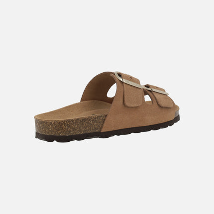 Sandalias para mujer planta bio en serraje con dos hebillas