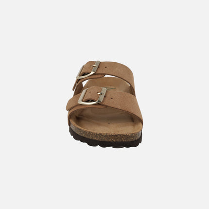 Sandalias para mujer planta bio en serraje con dos hebillas